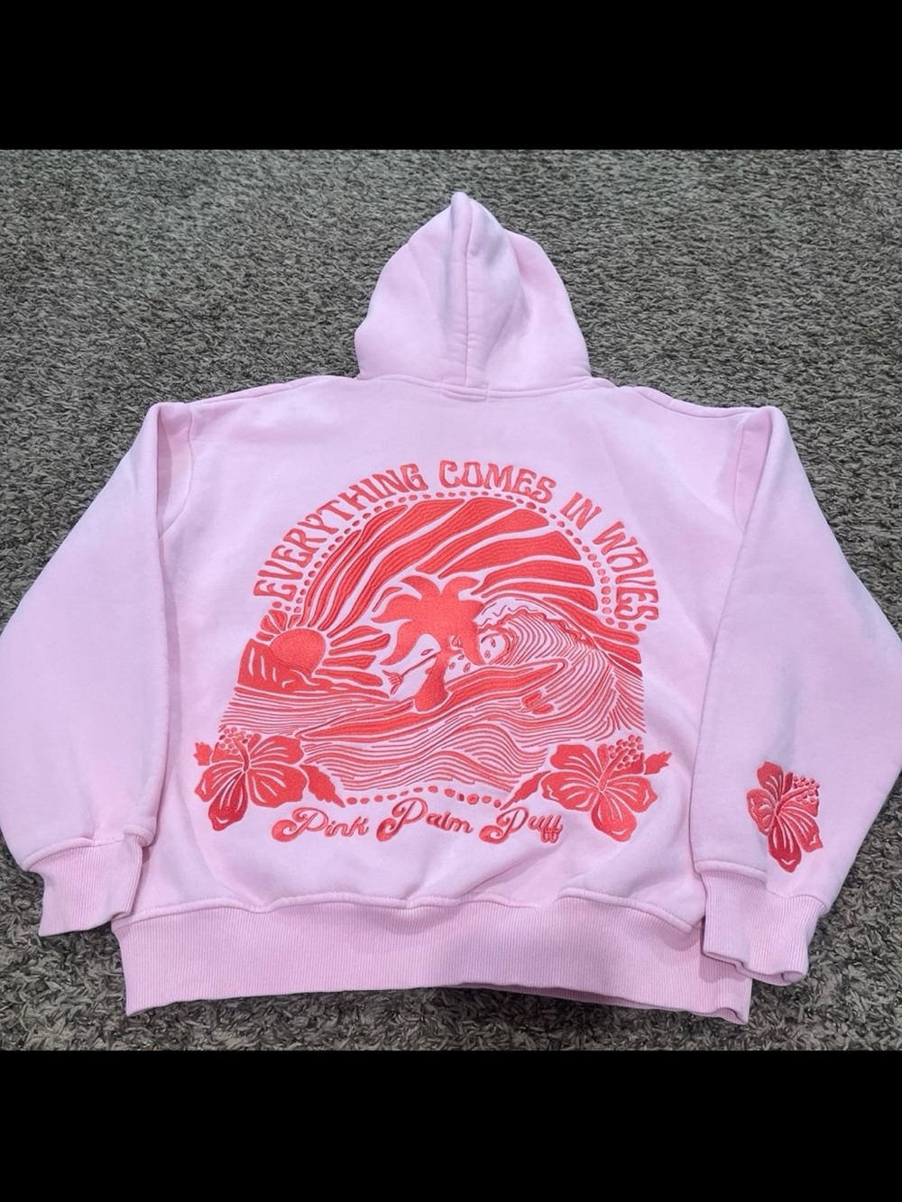 Pink Pom puff everything comes in waves embroidered hoodie small